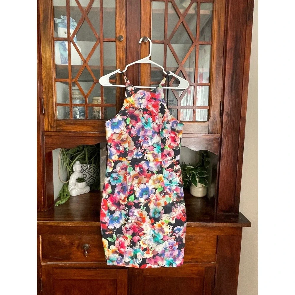 Black Halo‎ Floral Print Halter Bodycon Mini Dress - Size 4